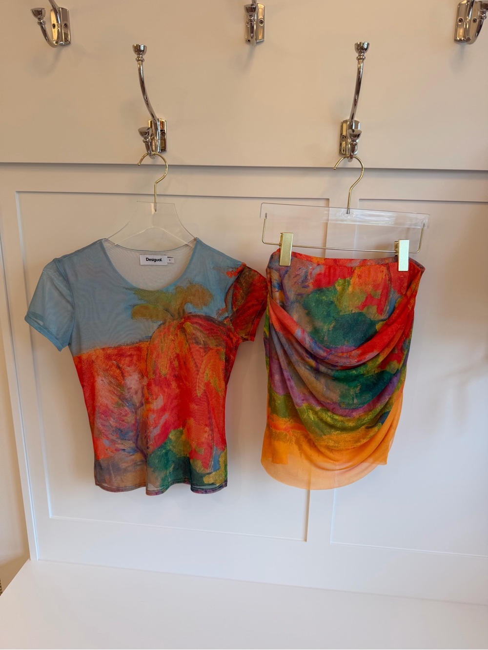 Desigual Multicolor Abstract Print Mesh Top and Skirt Set